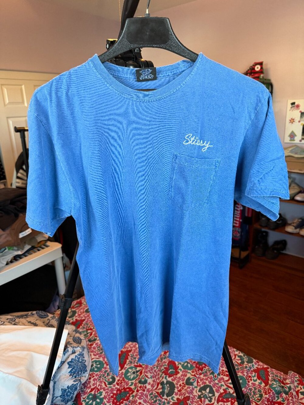 Stüssy Blue Embroidered Script Logo Pocket T-Shirt Size M